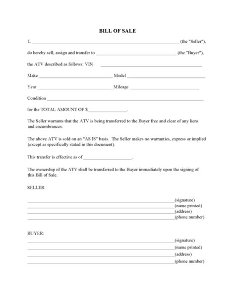Texas Atv Bill Of Sale Form Free Printable Legal Forms