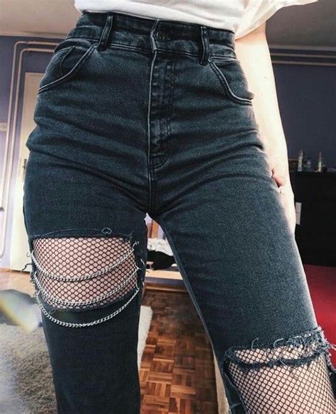 Black Torn Jeans With Chains And Fishnets Fashion Grunge Outfits