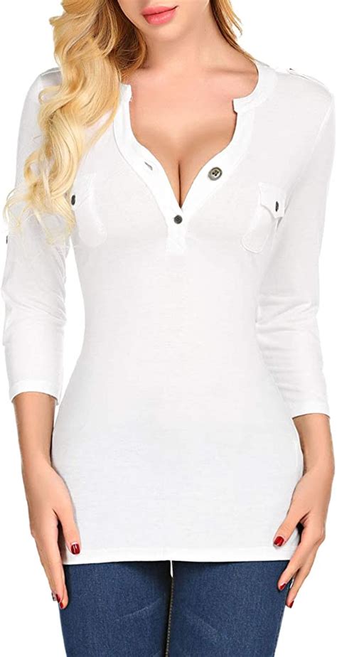 Beauteine Low Cut Shirts For Women Sexy Deep V Cleavage 34 Sleeve Tops