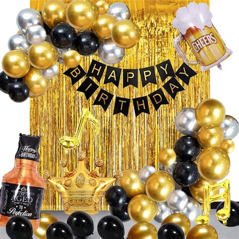 Decoraciones De Fiesta De Cumpleaños En Negro Y Dorado Para Hombres Globos De Feliz Cumpleaños