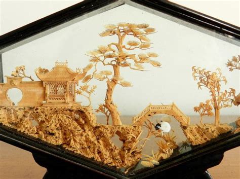 Vintage Chinoiserie Asian Art Piece Cork Carving Chinese Decor Vintage