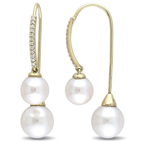 Round Pearl And Diamond Dangling Earrings 14k Yellow Gold 014ct De617