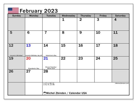 February 2023 Printable Calendar United States Michel Zbinden Us Photos