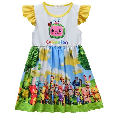 Coco Melon Girls Summer Graphic Dress Flutter Sleeve Casual Dresses