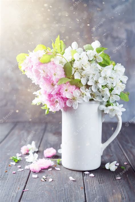 Wild Flowers Bunch In Ceramic Vase On Wooden Background Premium Photo