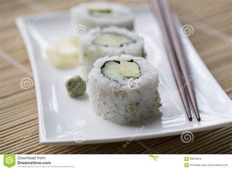 Cucumber And Avocado Sushi Roll Stock Photo Image Of Uramaki