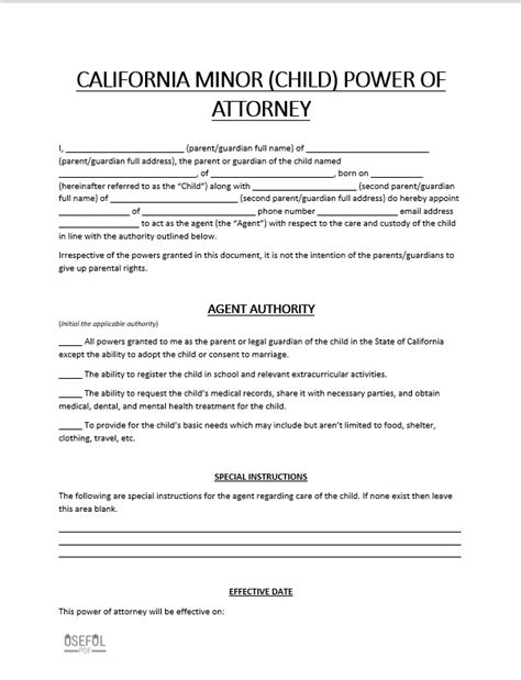 Free California Minor Child Power Of Attorney Form Template