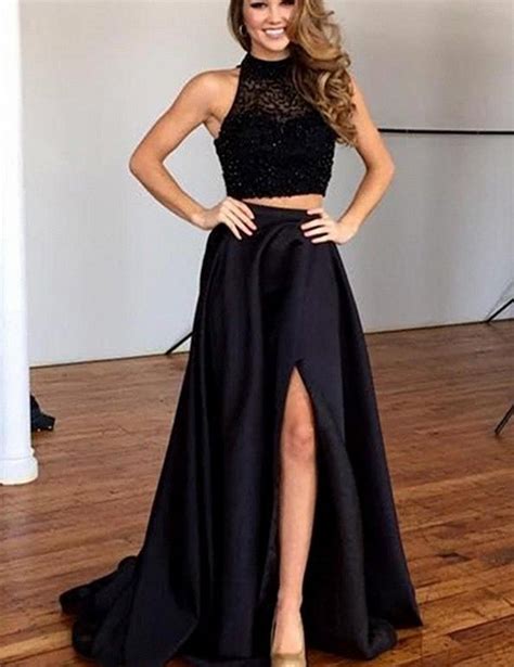 Black Long Two Pieces Prom Dresses Beading Sequins High Split