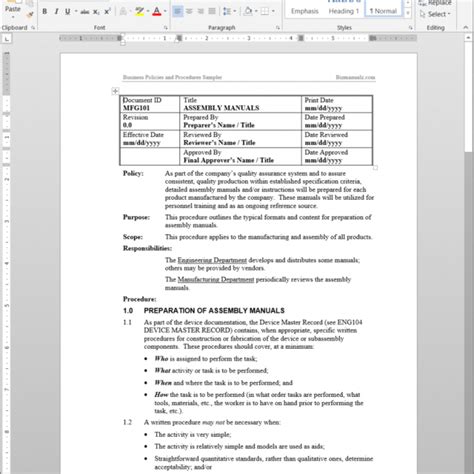 Manufacturing Procedure Template Manufacturing Policies And Procedures
