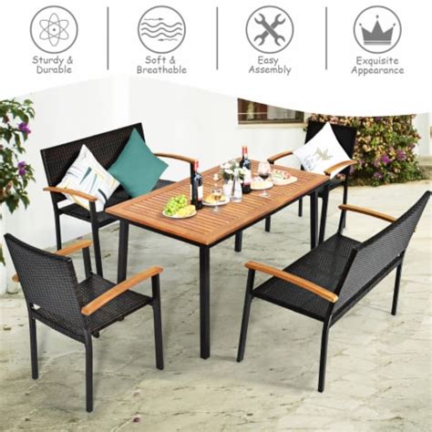 Costway 5pc Patio Rattan Dining Set Acacia Wood Table Top Stackable