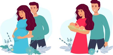 set of illustrations about pregnancy and motherhood pregnant woman with tummy with dad lady