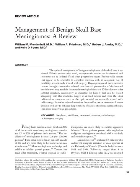 Pdf Management Of Benign Skull Base Meningiomas A Review Kelly