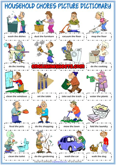 Household Chores Esl Picture Dictionary Worksheet For Kids