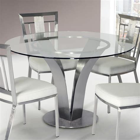 Armen Living Cleo Brushed Stainless Steel Round Dining Table Glass Top With Brushed Stainless