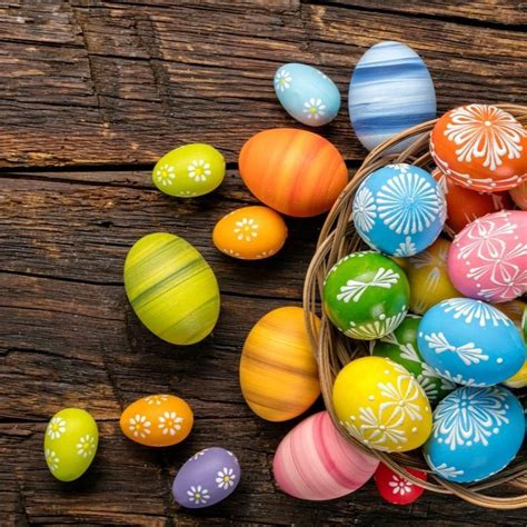 Beautiful Design Painting Easter Eggs Bamboo Basket Wood Table Happy