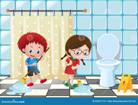 Boy And Girl Cleaning The Bathroom Stock Vector Illustration Of