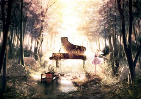 Anime Original Dress Forest Piano Tree Wallpaper Piano Art Anime