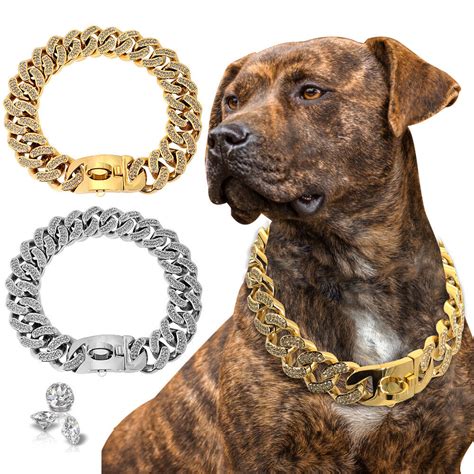 Crystal Dog Chain Collar Stainless Steel 18k Gold Dog Heavy Duty Choke