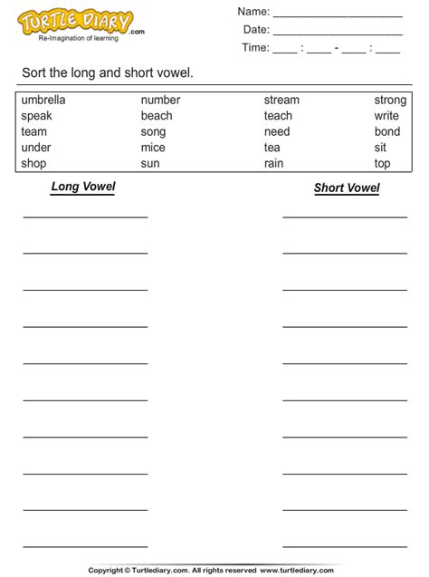 short  long vowel word sort worksheet turtle diary