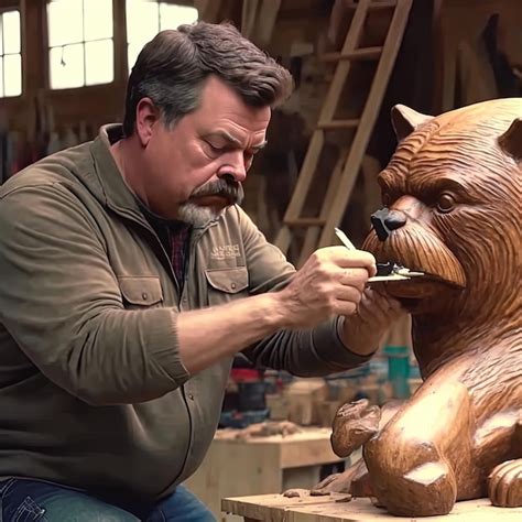 Premium Ai Image Woodworking Mastery Ron Swanson Carving A Bear Sculpture