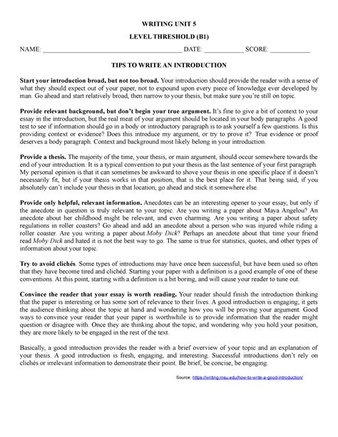 Writing UNIT 5 - WRITING UNIT 5 LEVEL THRESHOLD (B1) NAME: - Studocu