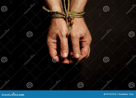 Male Hands Bound With Rope Stock Image Image Of Apprehended Rope