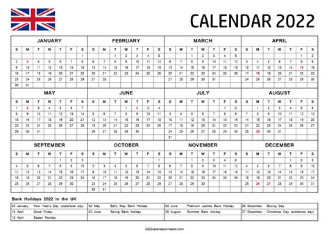 Printable 2022 Calendar With Bank Holidays Uk United Kingdom