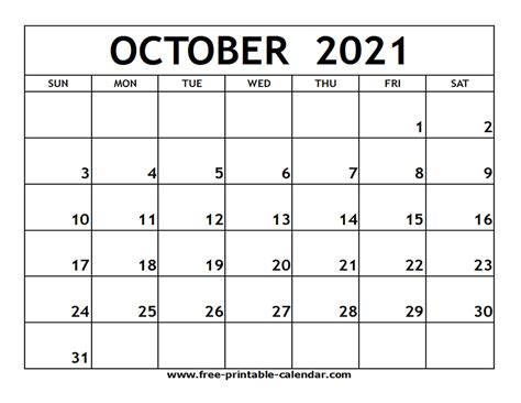 October 2021 Calendar Free Printable 2021 Printable Calendars