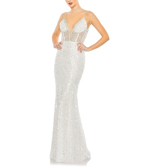 Mac Duggal Sequin Spaghetti Strap Plunging V Neck Open Back Sheath Gown