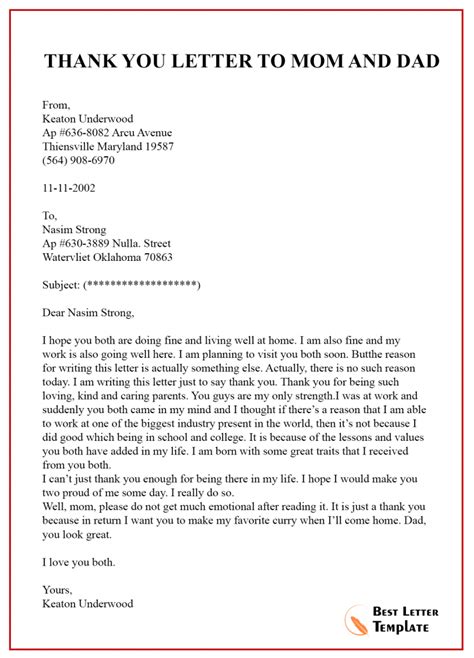 Thank You Letter Template To Mom Mother Sample And Examples