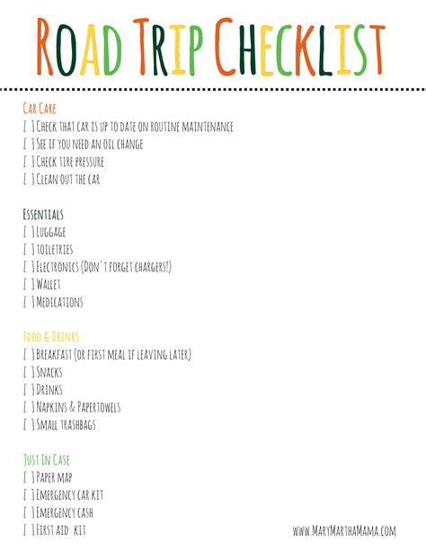 Road Trip Checklist Printable