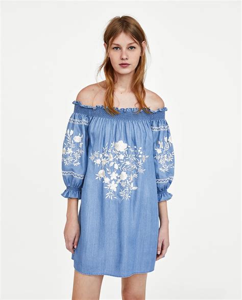 Spring Summer 2018 New Embroidered Strapless Denim Dress Womens Sexy Off Shoulder Flower