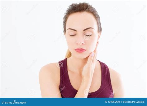 Macro Woman Face With No Wrinkles On Forehead Girl Touching Neck Pain