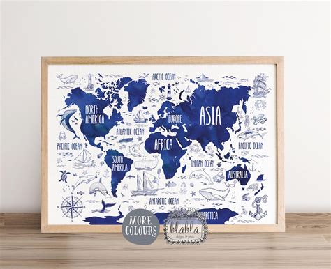 World Map For Kids Kids World Map Nautical Nursery Art Navy Etsy Uk