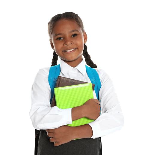 Happy African Girl In School Uniform On White Background Stock Photo