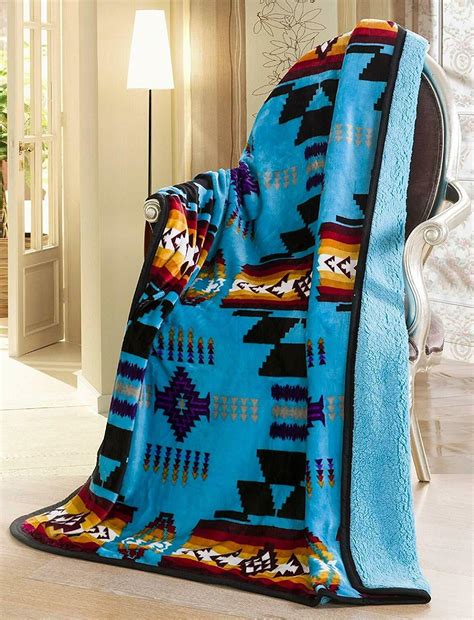 Navajo Print Turquoise Throw Blanket Sherpa Southwest Native