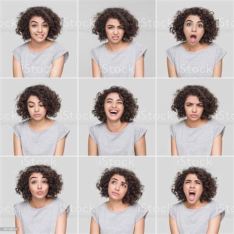 Young Woman Making Nine Different Facial Expressions Stock Photo ...