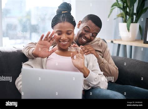 Wave Black Couple And Video Call On Laptop Smile And Happy To Connect