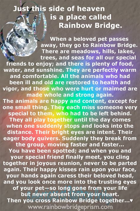 Their health restored, they wait for us just this side of heaven. Free Rainbow Bridge Poem: Just this side of heaven is a place called Rainbow Bridge ♥ Bring it ...