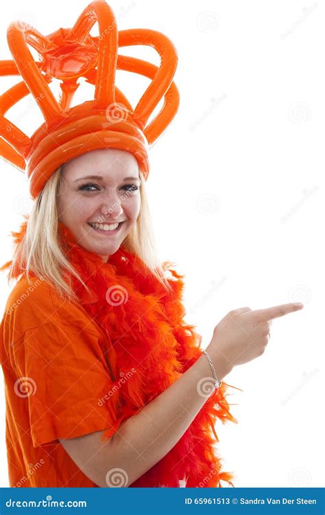 Young Woman As Dutch Orange Supporter Is Showing Something Stock Image