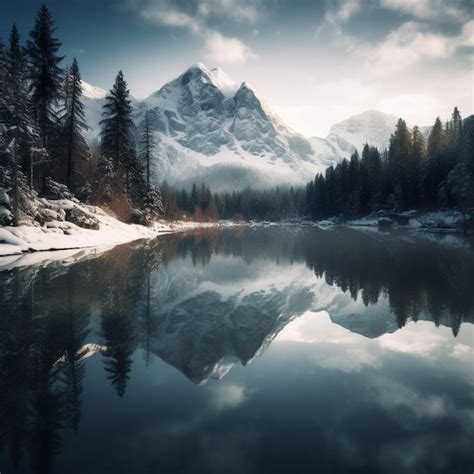 Premium Ai Image Winter Wonderland Mountains Reflection In Lake