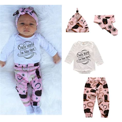 New 4pcs Cute Baby Girl Clothes New Born T Long Sleeve Romper Sets