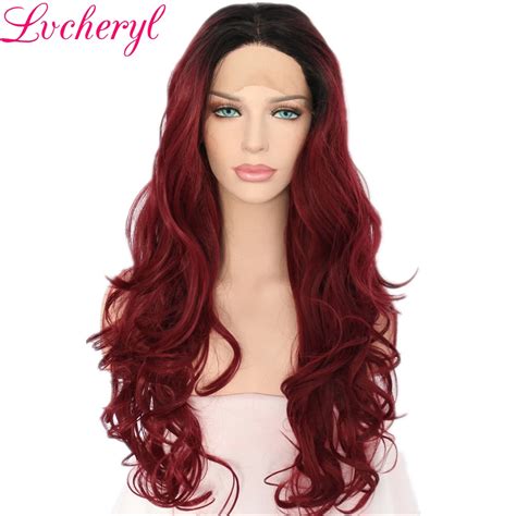 Lvcheryl Hand Tied Ombre Black To Wine Red Heat Resistant Fiber Hair Wigs Body Wave Style