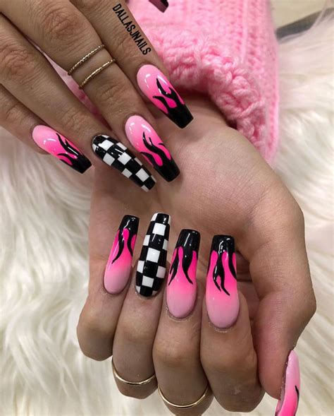 Pink Flame💖 Checkered Nails Fire Nails Long Acrylic Nails