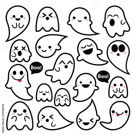 Cute Vector Ghosts Icons Halloween Design Set Kawaii Black Stroke