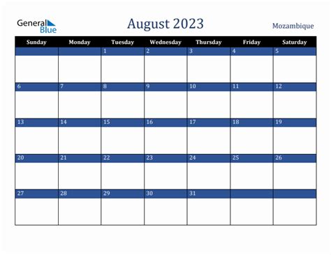 August 2023 Mozambique Holiday Calendar
