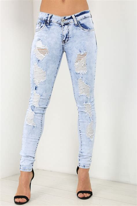 Womens Ladies Slim Skinny Fit Stretch Rip Destroyed Distressed Pants Denim Jeans Ebay