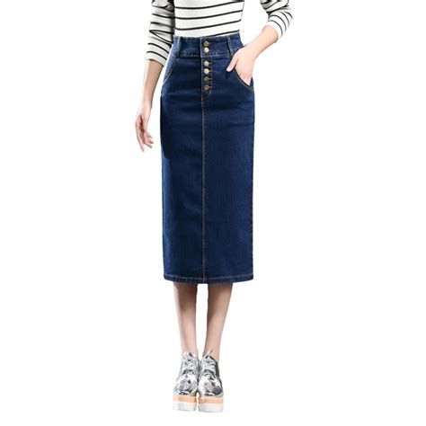 Casual Denim Straight Skirts For Women Plus Size Mid Calf Empire Slimming Cotton Blend Spring