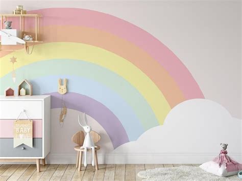 Half Rainbow And Cloud Background Wallpaper Nursery Bedroom Children Kids Room Mural Home Decor