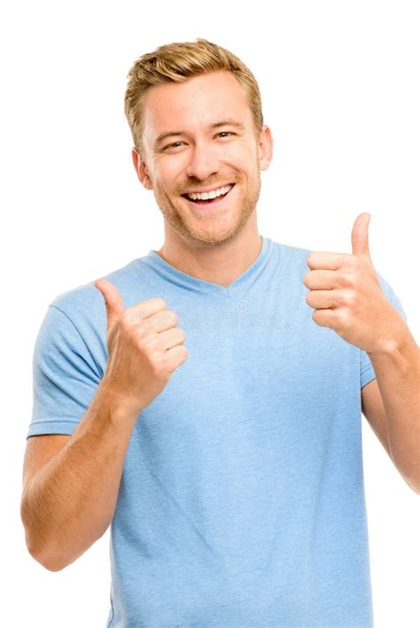 Happy Man Thumbs Up Sign Full Length Portrait On White Background Stock